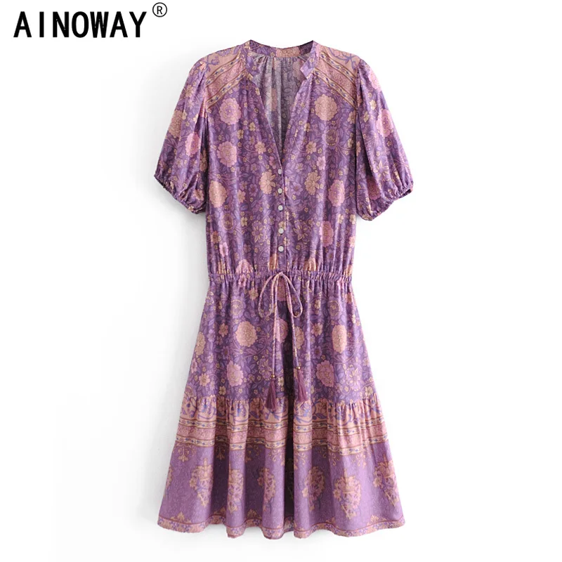 Винтажное шикарное женское фиолетовое платье с цветочным принтом коротким