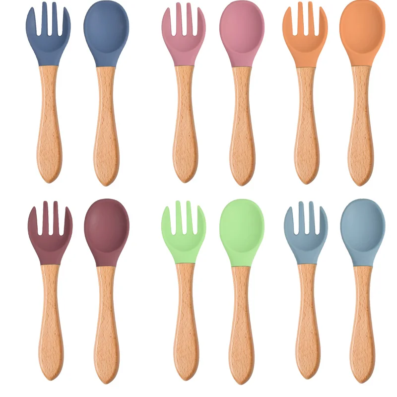 

2Pcs/Set Baby Wooden Handle Spoon Fork Food Grade Toddlers Training Utensils Newborn Tableware Infant Learning Spoons Set