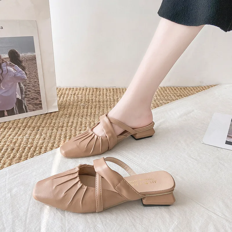 

Female Shoes Cover Toe Med Slippers Women Summer Slides Shallow Fashion Mules Sexy Loafers Square heel 2021 Soft Luxury Block PU