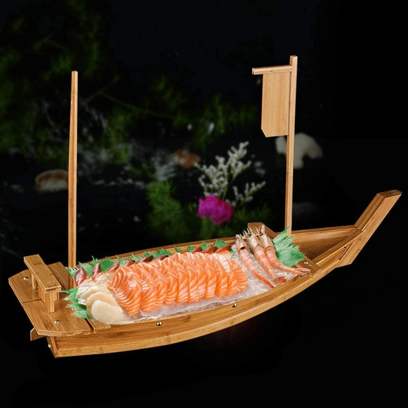 

White Wooden Dragon Boat Seafood Salmon Sashimi Boat Wooden Dragon Boat Dry Ice Boat Seafood Boat