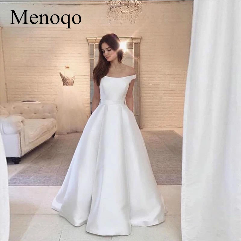 

Vintage Boat Neck Wedding Dress Princess A-line Vestido De Noiva Simple Satin Full Length Off Shoulder Bridal Gowns Cheap 2020