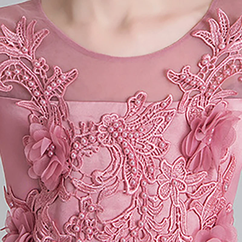 

Flower Girls Dresses Beading Appliques Embroidery Pearls Bow Ball Gown Knee-Length Tulle Kids Party O-Neck Princess Skirt D268