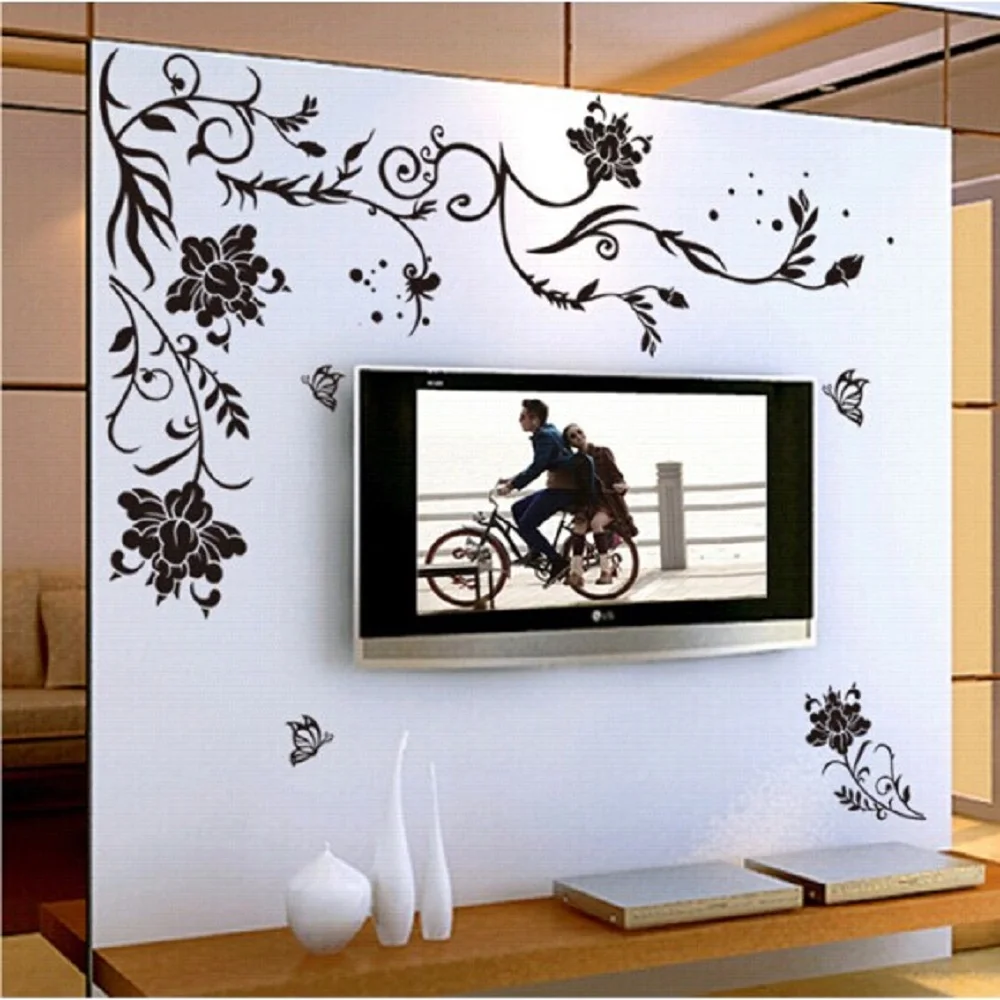 

Виниловая настенная наклейка с черными цветами, лозой, бабочкой, домашний декор, обои для гостиной, дивана, дизайн стен, искусство
