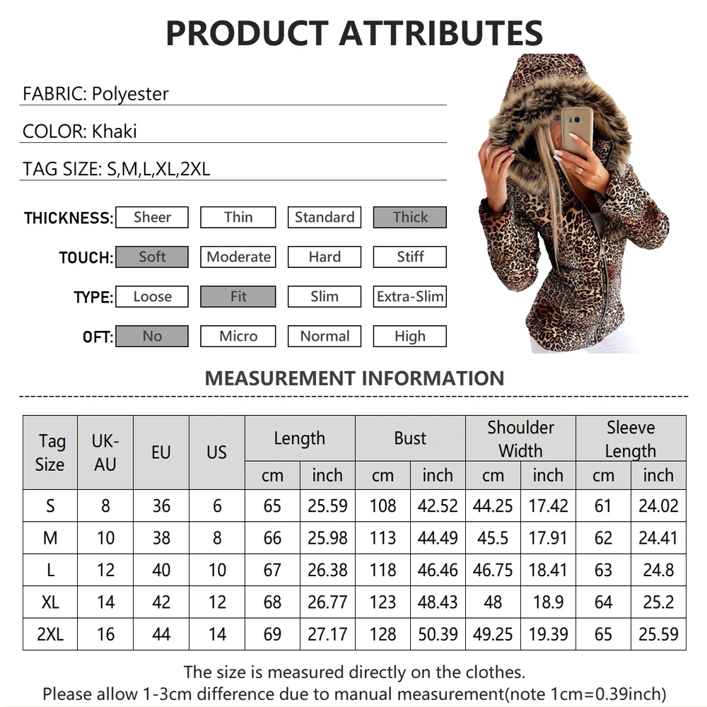 Women Thermal Zipper Coat Long Sleeve Winter Leopard Print Casual Fur Hooded Slim Fit Warm Thick Female Outwear Fashion Jacket