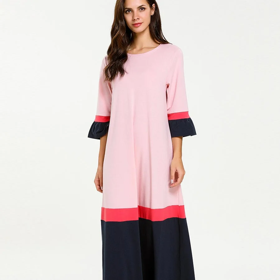 

2021 New Middle East Large Size Women's Fashion Knitted Color Contrast Stitching Long Sleeves Arab Temperament Dress Caftan