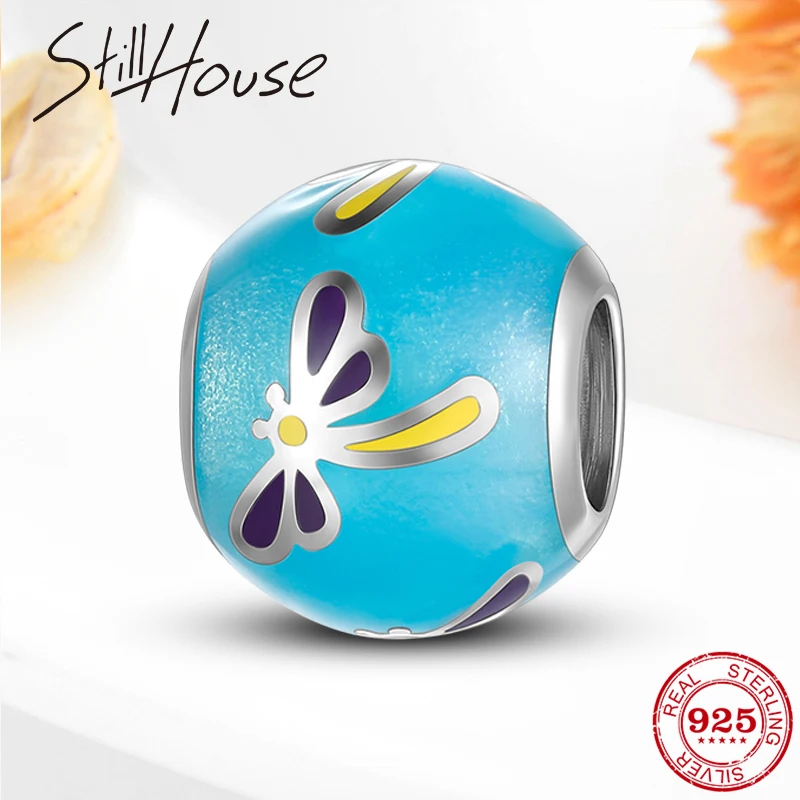 Бусины из серебра 925 пробы с синей эмалью и фиолетовой стрекозой|Ювелирные шармы|