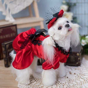 Handmade Fashion Dog Clothes Pet Dress Classic Red Satin Puff Sleeves Cute Costume Vintage Princess One Piece Party Holiday