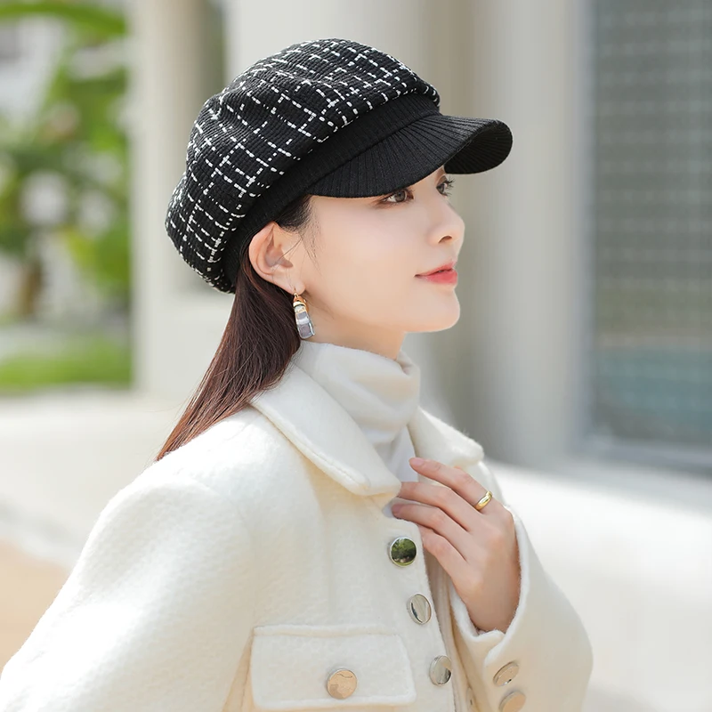 

2021 Fashion Women Berets Autumn Winter Octagonal Caps Stylish Artist Painter Hat Ladies Wool Cotton Blend Black Grey Beret Hats