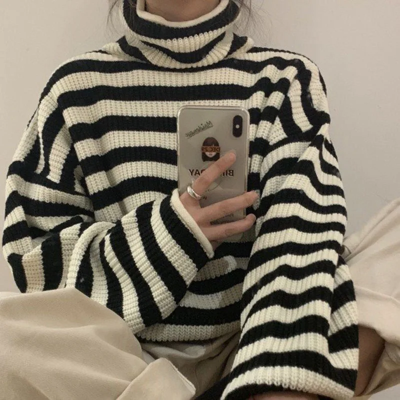 

Winter Women Stripes Sweater Harajuku Vintage Women Thickening Loose Warm Turtleneck Sweater 2021