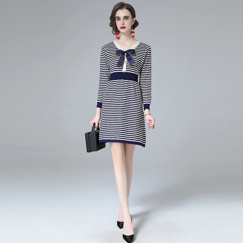 

Женские зимние платья, офисные женские трапециевидные платья до колен с бантом и V-образным вырезом, элегантные вечерние полосатые полные женские платья, новинка 2021