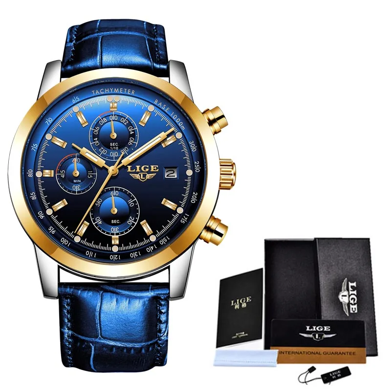 Часы наручные LIGE Мужские кварцевые модные спортивные брендовые Роскошные