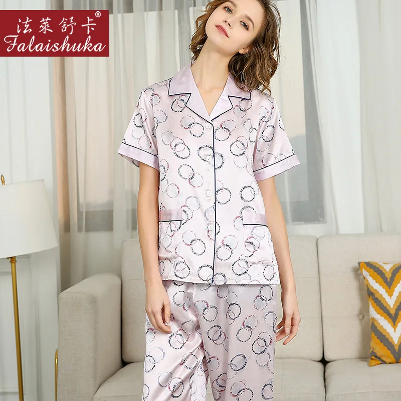 100% Natural Silk Pajama Sets Female Summer Real Silkworm Silk Sleepwear Short Sleeve Long Pants Printed Women Pyjamas T8237