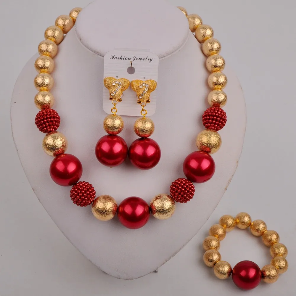 

Wine Nigerian Wedding Africcan Jewelry Set Pearl Costume Necklace for Women