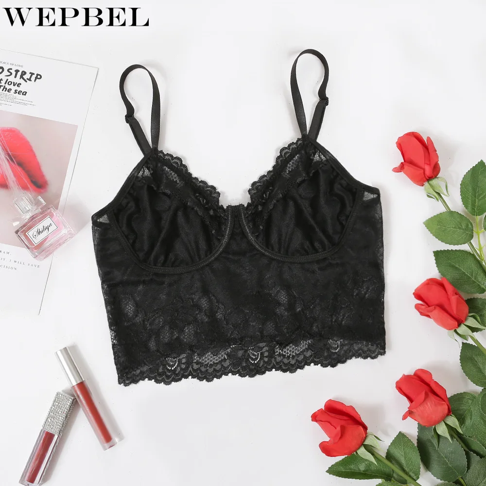 

WEPBEL Women Sexy Lace Patchwork See Through Strap Crop Top Shirt Ladies Elegant Halter Hollow Out Short Bottoming T-shirt