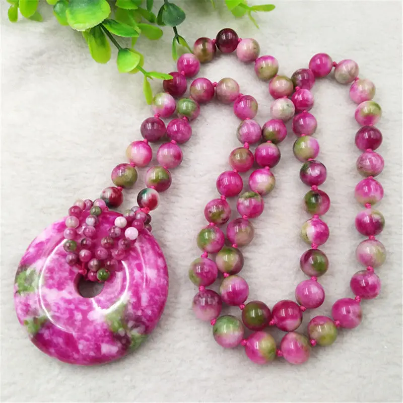 

Colorful Peach Blossom Jade Donut Pendant Necklace Women Men Sweater Chain Charms Genuine Natural Jades Stone Amulet Gifts