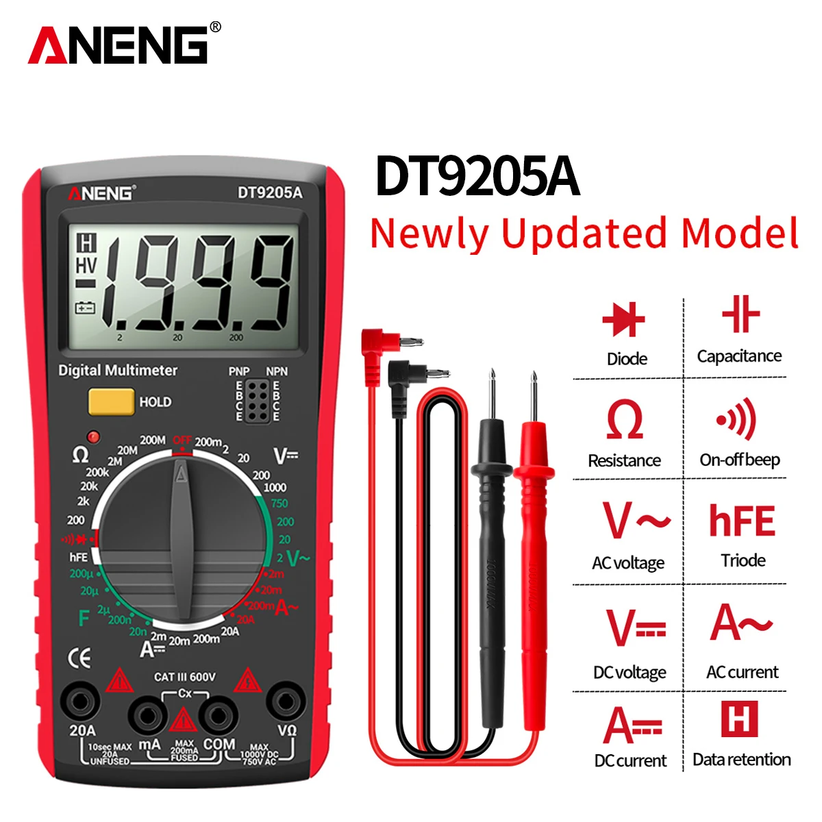 ANENG DT9205A мультиметр мини авто мультимер цифровой вольтметр транзистор