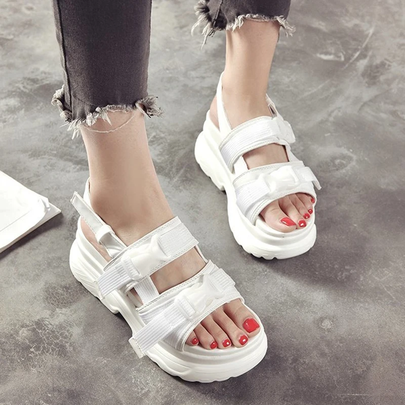 

Thick Bottom Wedges Shoes for Women Summer 2021 Double Buckle Platform Sandals Woman White Breathable Mesh Chunky Sandals