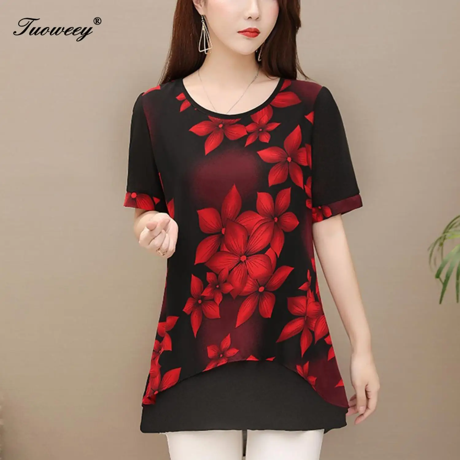 5XL, осенняя шифоновая блузка, рубашки, повседневные, цветочные, свободные, элегантные, с круглым вырезом, с коротким рукавом, с цветочным принтом, топы, блузы, блузка,, для женщин - Цвет: 03-red