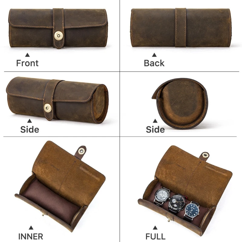 

3 Slots Genuine Leather Watch Roll Travel Case Portable Vintage Horse Leather Display Watch Storage Box Watch Organizers M0XF