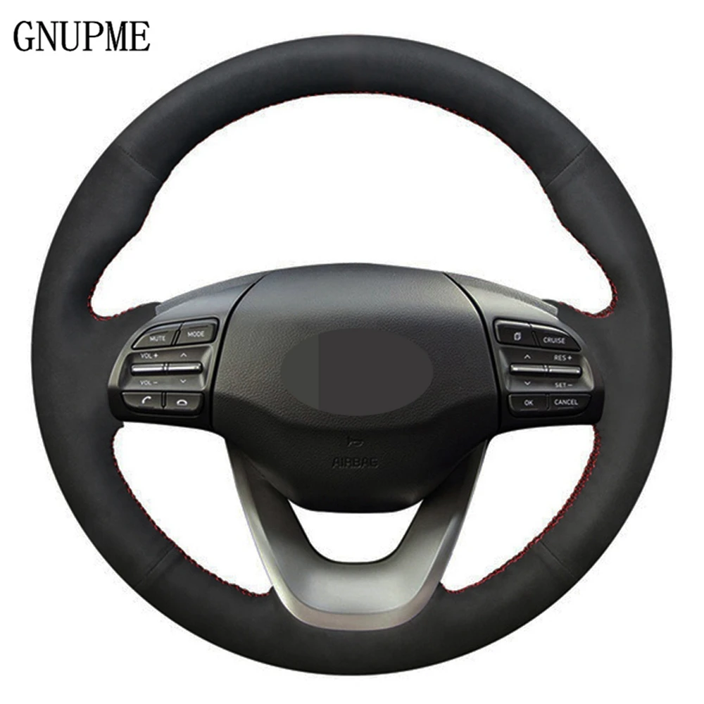 

DIY Hand-stitched Black Genuine Leather Suede Car Steering Wheel Cover For Hyundai Kona 2017 2018 2019