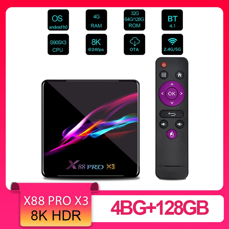 X88 PRO X3 8K ТВ Box Amlogic S905X3 Android 9 0 дистанционного Управление 4 Гб Оперативная память