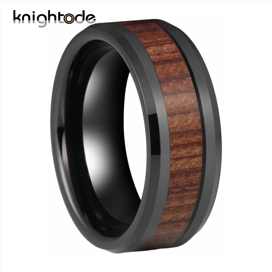 

8mm Black Tungsten Carbide Wedding Band Wood Inlay For Trendy Engagement Couple Anniversary Rings Beveled Edges Polished Comfort