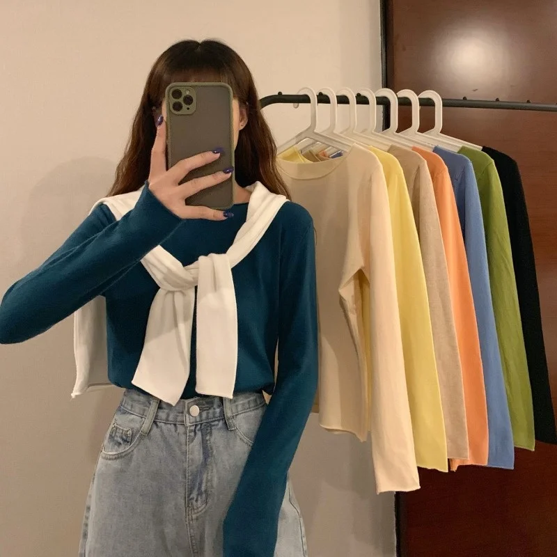 Женский трикотажный пуловер с длинным рукавом свободный универсальный топ ярких