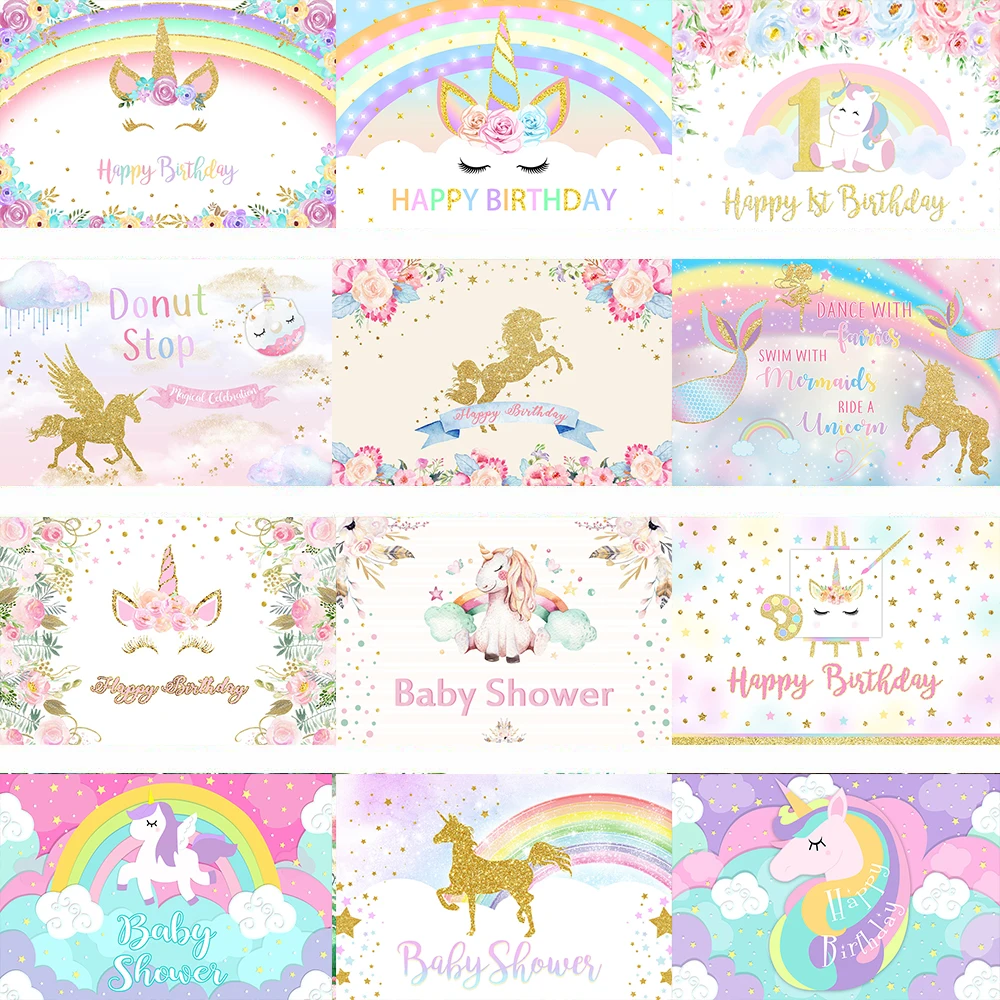 

Mocsicka Unicorn Party Photocall Clouds Stars Rainbow Flowers Pennant Balloons Baby Birthday Backdrops Photography Backgrounds