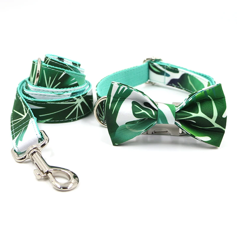 

Ошейник для собак с именем и гравировкой, стильный поводок с принтом зеленых листьев, прочный нейлоновый, с галстуком-бабочкой