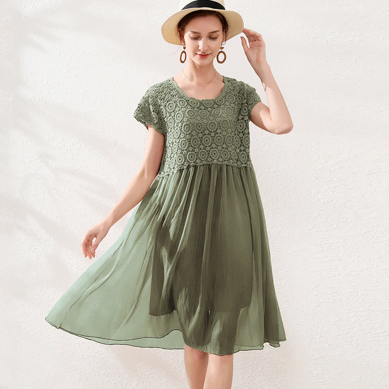 Летнее платье 2020 свободное шифоновое в стиле ампир вязанное крючком с короткими