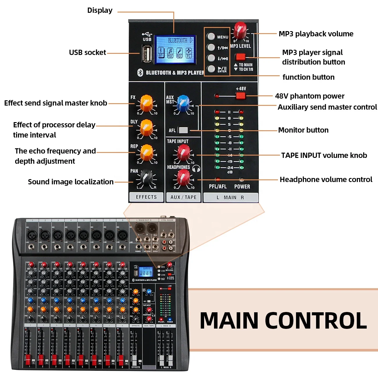 CT-80 Профессиональный 8-канальный Миксер с DSP эффектом реверберации MP3-плеер USB 48 в