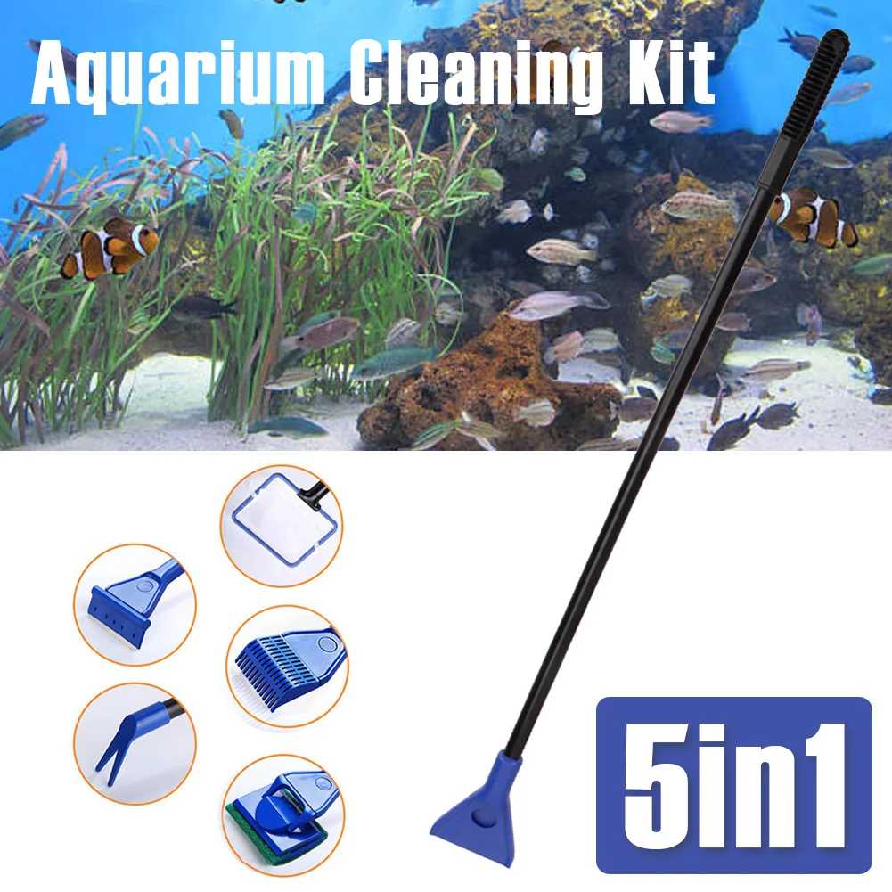 

5 In 1 Aquarium Tank Cleaner Set Fish Net Gravel Rake Algae Scraper Grass Fork Sponge Brush Glass Fish Tank Cleaning Tools