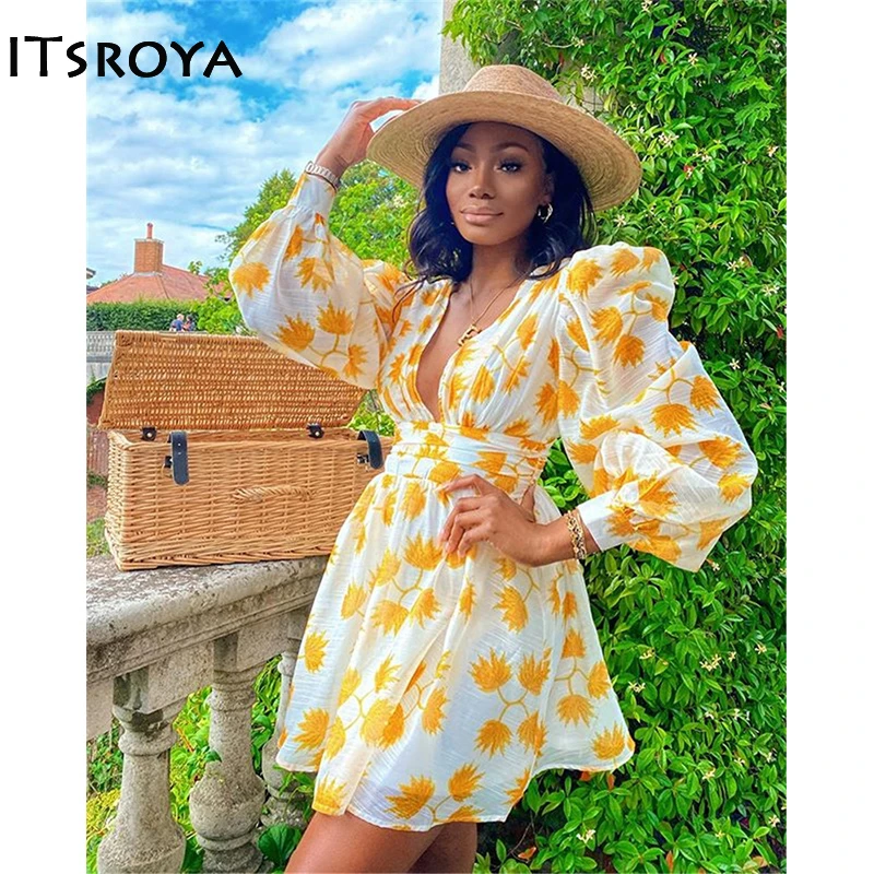 ITSROYA/сексуальное платье с оборками и принтом женское v образным вырезом длинными