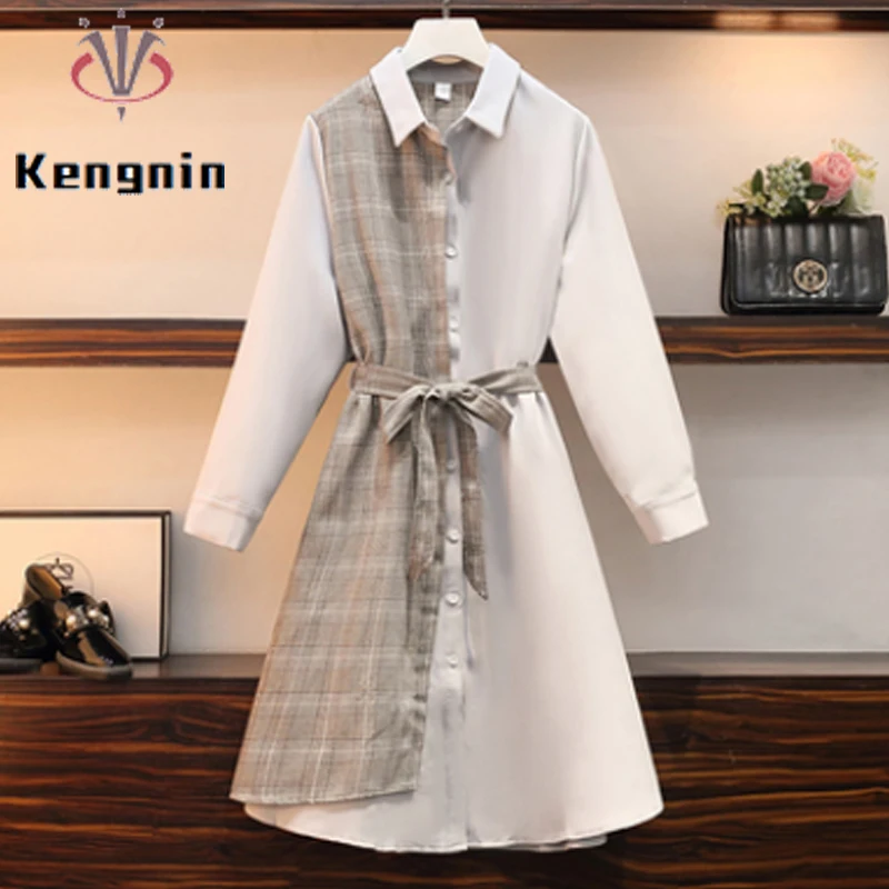 

Женское платье-рубашка в клетку, с поясом и бантом, большого размера