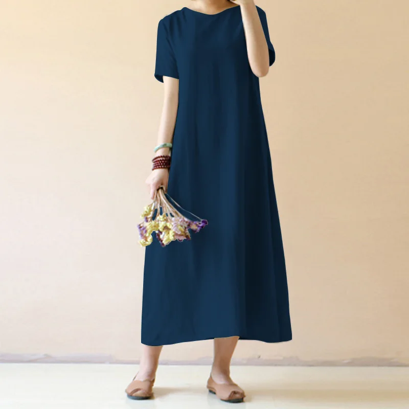 Dark Blue Женское винтажное льняное платье, лето, платье-рубашка, короткий рукав, одноцветное, повседневное, свободные, вечерние, Пляжное, длинное, Vestidos - Цвет: Dark Blue
