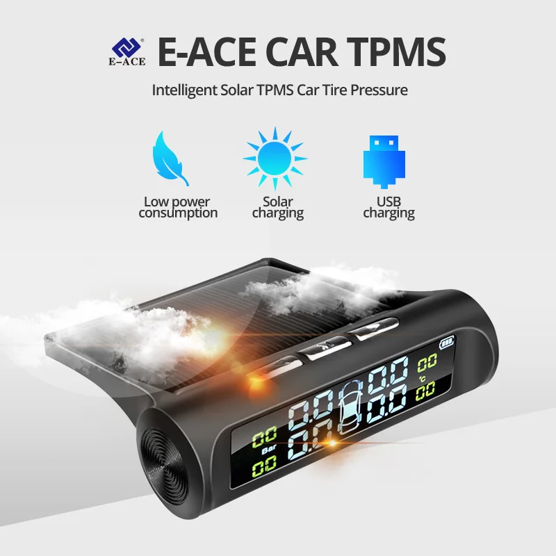 E-ACE солнечной энергии умный автомобиль TPMS система контроля давления в шинах цифровой дисплей Авто Охранная сигнализация s давление в шинах