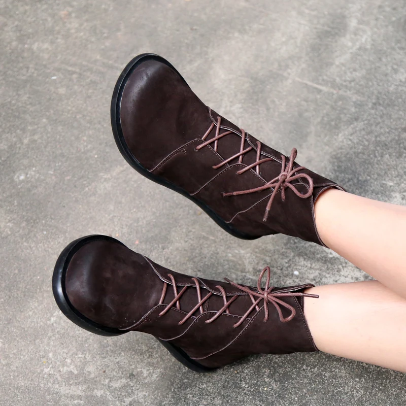 Женские ботильоны из натуральной кожи с круглым носком на низком каблуке|Женские