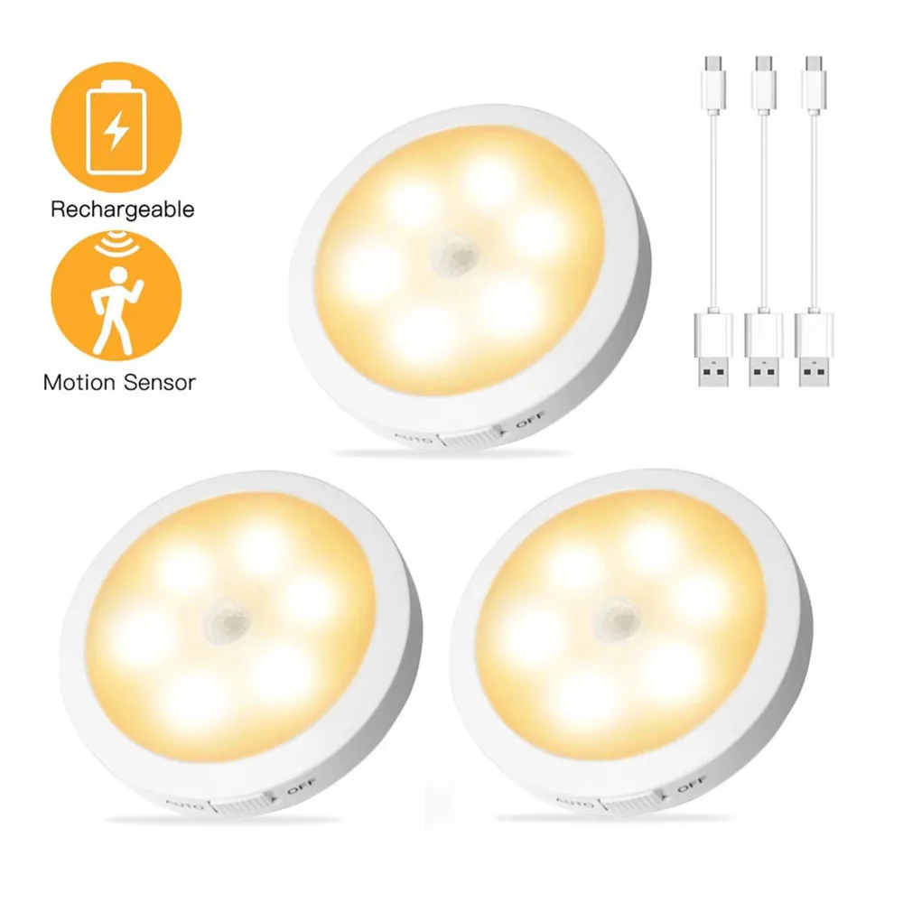 Extra Thin USB Recharged LED Cabinet Light PIR Motion Sensor Emergency Night Lamp for Corridor,Kitchen(3 Pack)