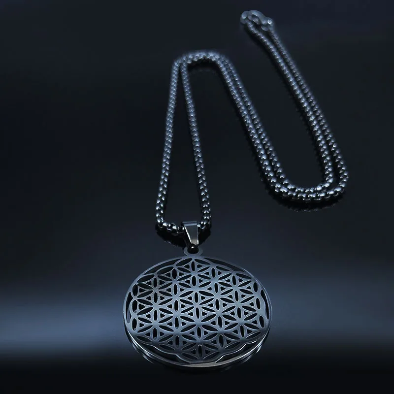 A BK 60 cm BOX Модное длинное ожерелье из нержавеющей стали с цветком жизни для женщин, длинное ожерелье золотого цвета, ювелирные изделия, ожерелье Ларго N18881 - Окраска металла: A BK 60 cm BOX