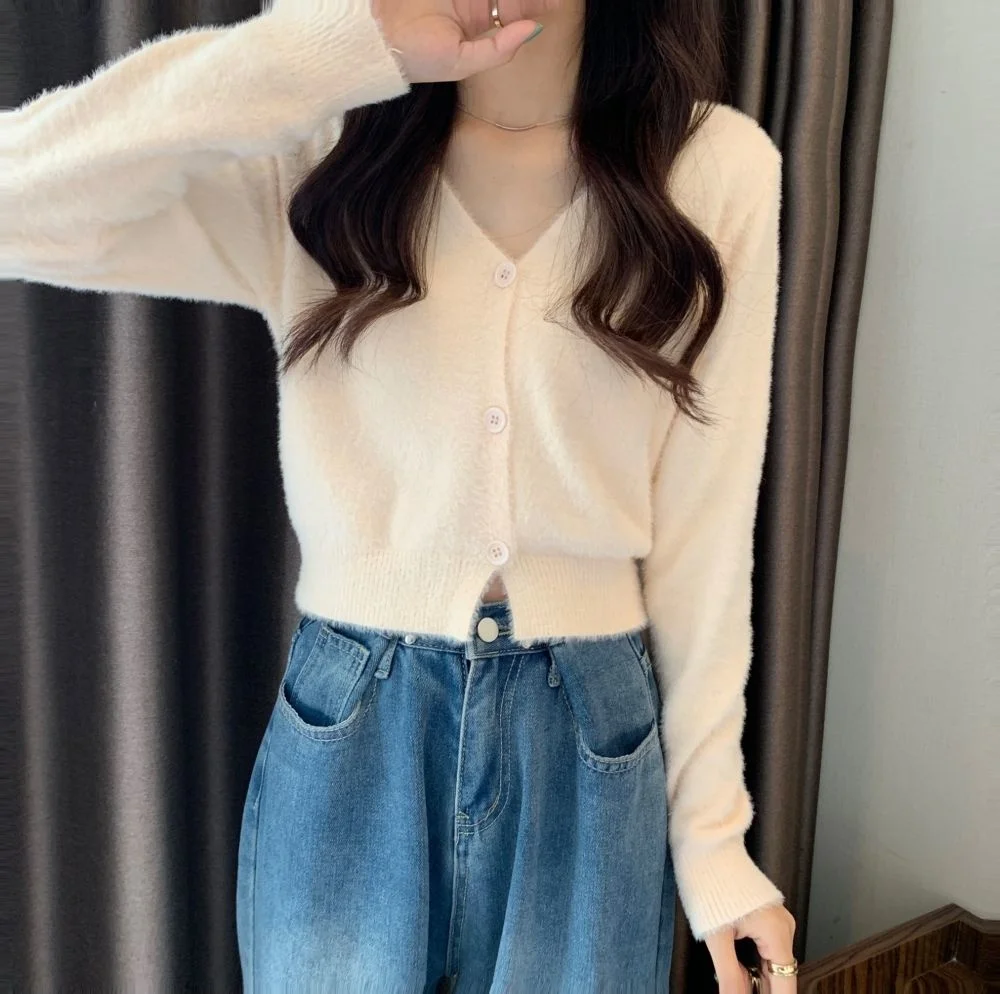 

Утепленный шикарный свитер для раннего сезона, новинка 2021, женский свободный короткий свитер с V-образным вырезом, кардиган, пальто