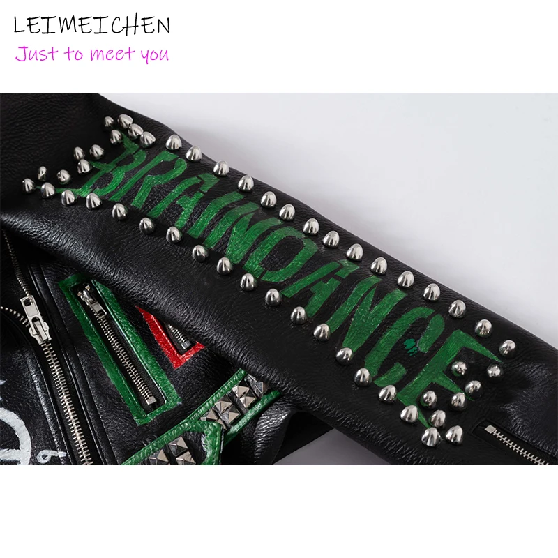 

LEIMEICHEN 2021 New Motorcycle Leather Jacket Fashion Women's Graffiti Print Short Coat Slim Punk Studded PU Jacket Women