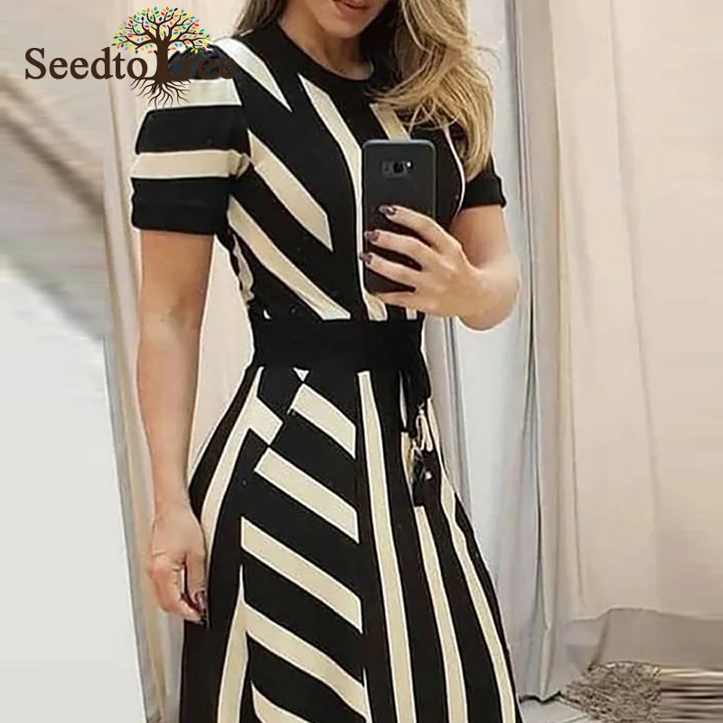 

Striped Colorblock Short Sleeve Casual Daily Maxi Dress Women