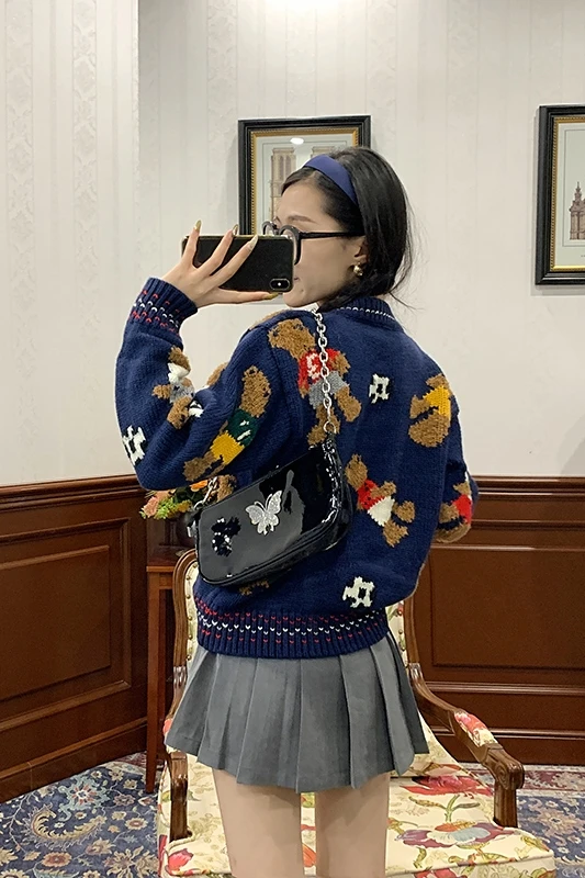 

Soft Sister Milk Blue Knitted Female Japanese Vintage Sweet Cute Uniform Bear pattern Sweater Girl spring Autumn Base Tops