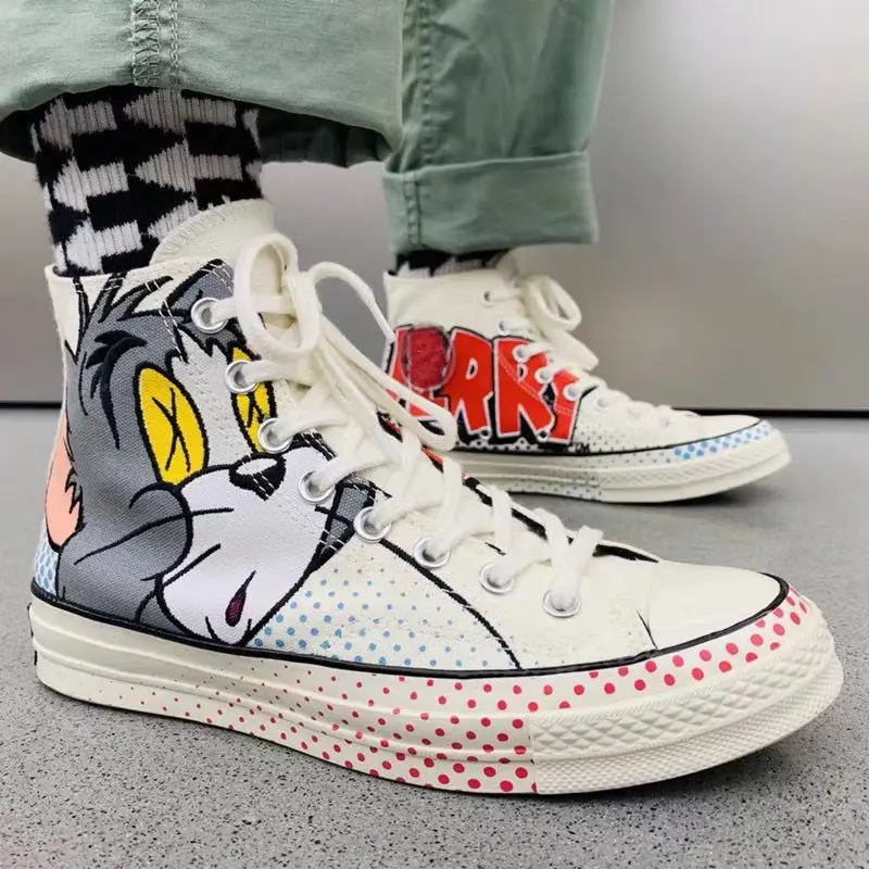 Высокие женские парусиновые туфли с изображением кошки и мыши Вулканизированная