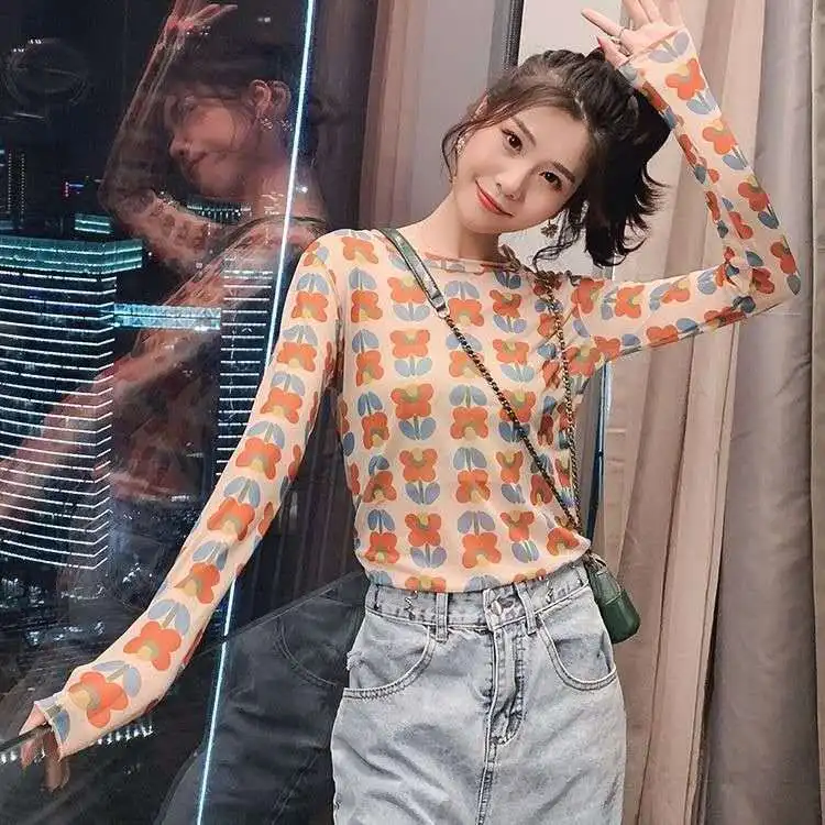 

Women Mesh Tops Long Sleeve Slim Casual Korean Ladies O-Neck Ins Elegant Girl Sunscreen T-shirt Thin Floral Solid Lace Blouse