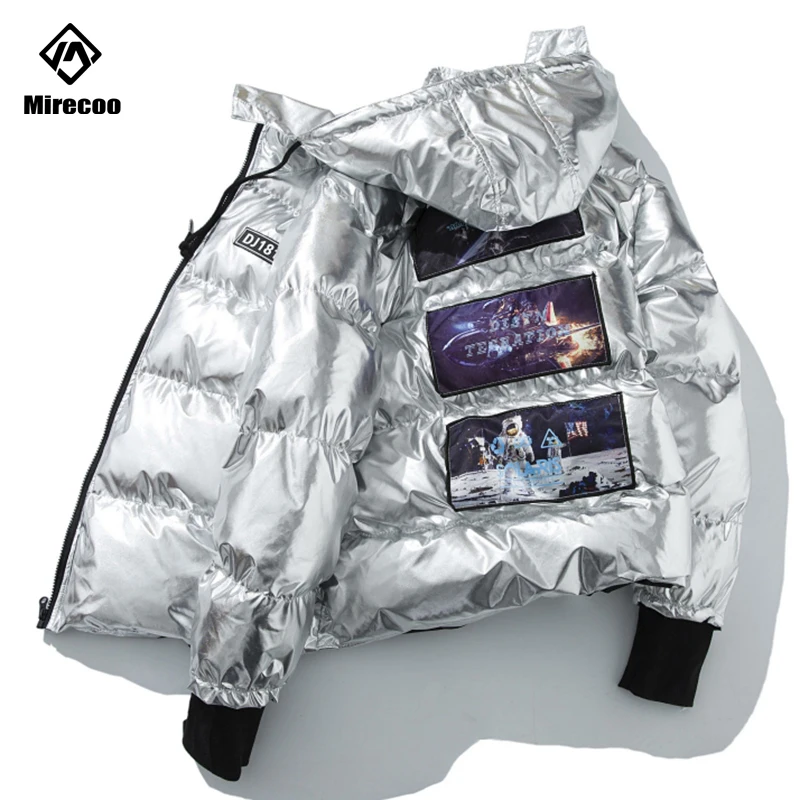 Яркая Цветная куртка с рисунком Мужская Серебристая зимняя парка капюшоном