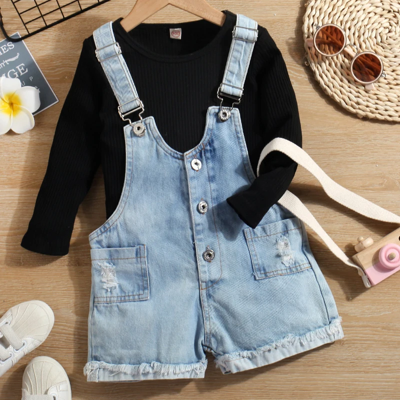 New Year Clothing Kids 2 Piece Set Soild Color Pullover +Denim Overalls Clothes Baby Toddler Children Long Sleeve Costume Outfit