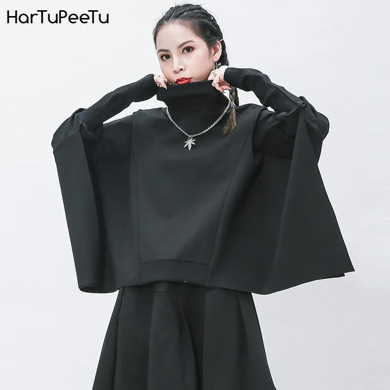 

Женский Длинный свитшот с высоким воротником, черный Свободный свитшот с рукавами «летучая мышь» в темноте, повседневная одежда большого р...