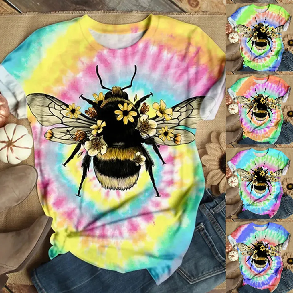 Футболка с принтом CHAMSGEND Tie-dye Bee женские летние топы короткими рукавами футболки