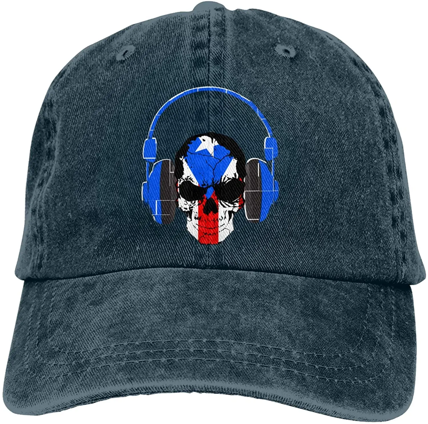 

Skull Deejay with Puerto Rican Flag Sports Denim Cap Adjustable Unisex Plain Baseball Cowboy Snapback Hat